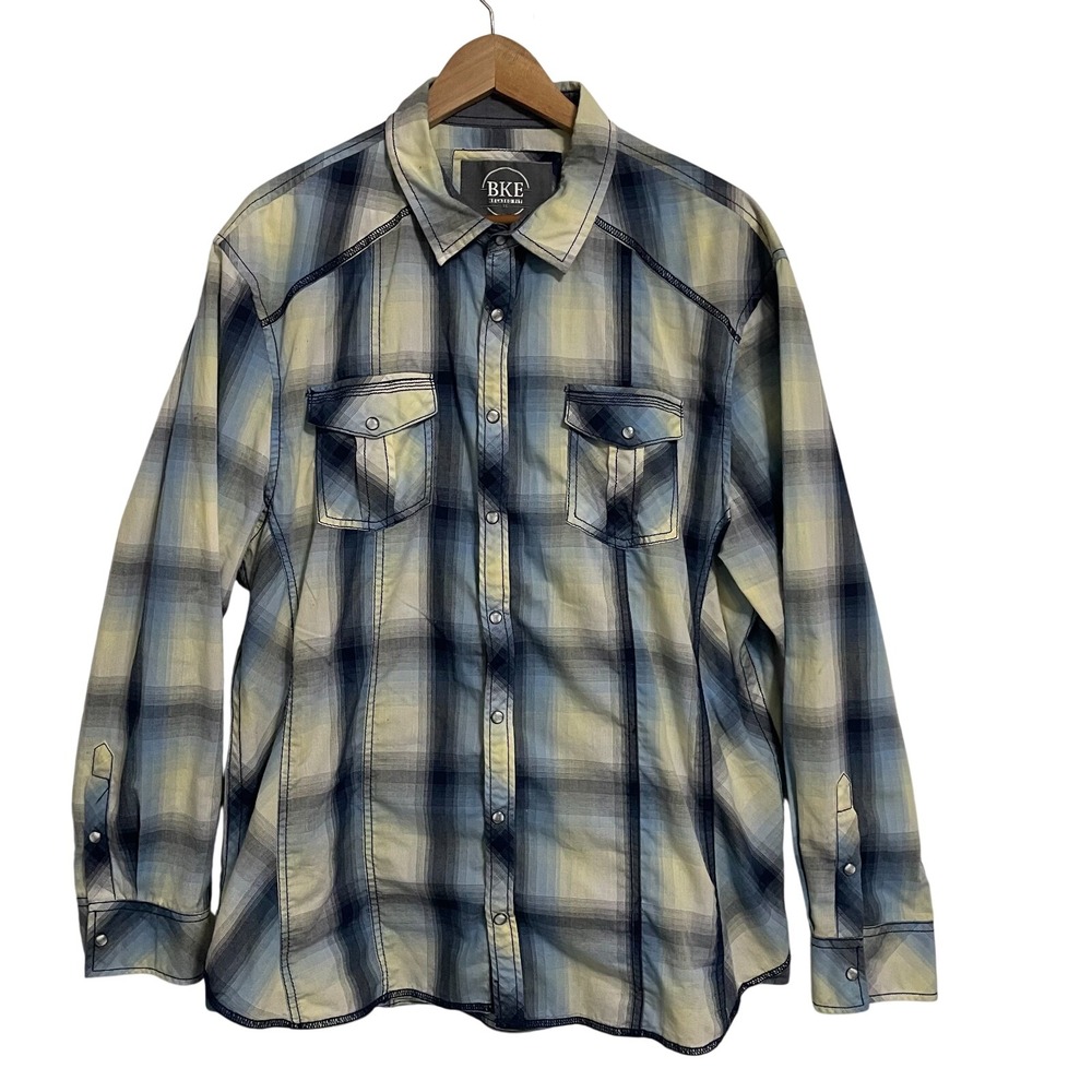 BKE Relaxed Fit Button Up Shirt Men's XL BluePlaid Pearl Snap Long‎ Sleeve